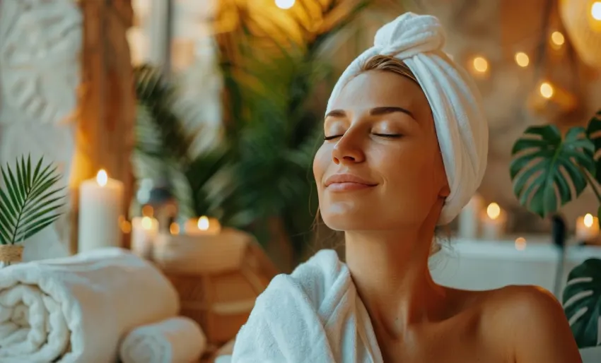 Žena opuštena u spa ambijentu, umotana u peškir, okružena svijećama i biljkama